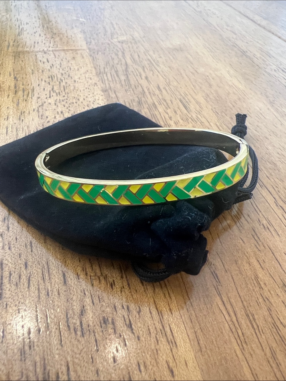 Gold-Tone Green and Yellow Enamel Bangle Bracelet